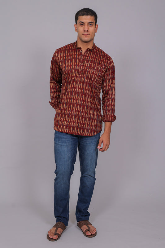 Bluebird Men's Maroon Ikat Printed Short Kurta