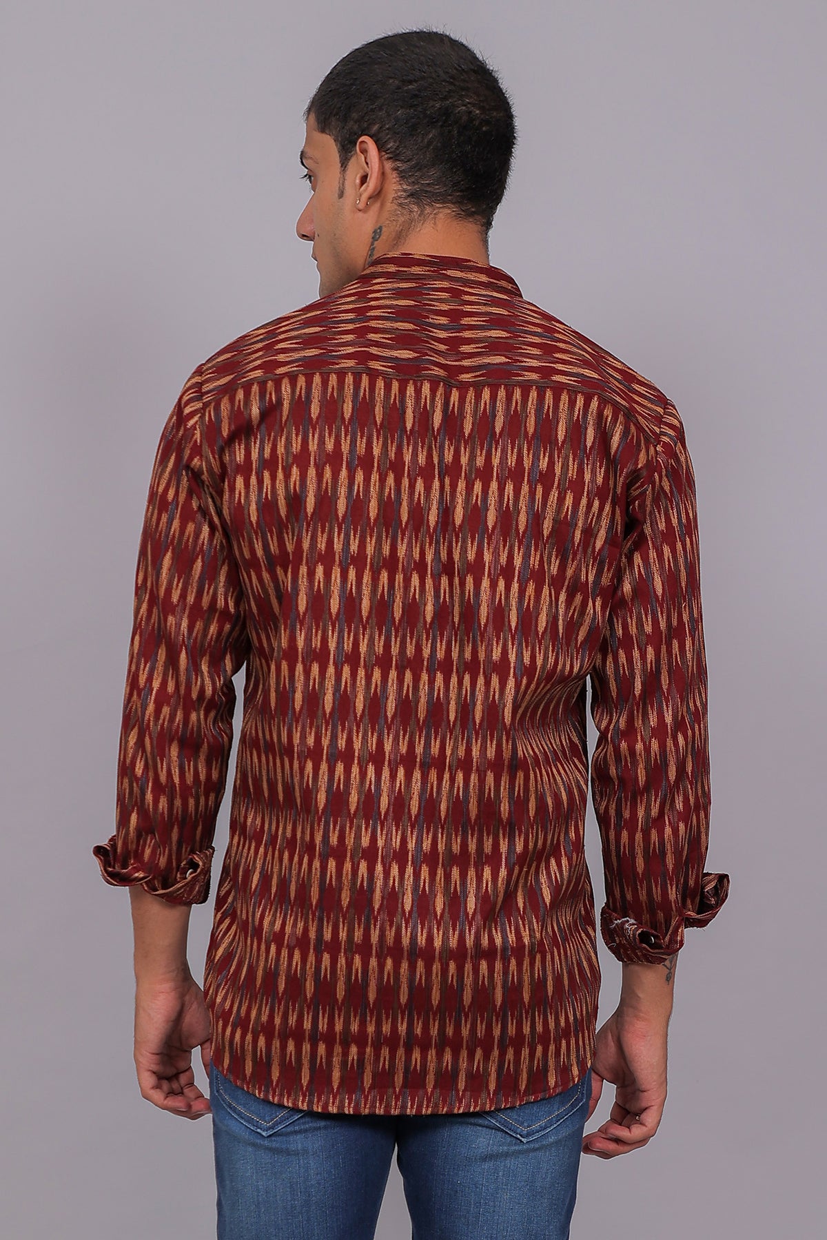 Bluebird Men's Maroon Ikat Printed Short Kurta