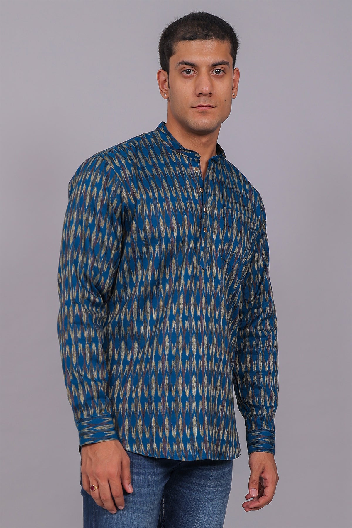 Bluebird Men's Blue Ikat Printed Short Kurta