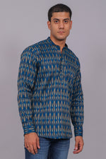 Bluebird Men's Blue Ikat Printed Short Kurta