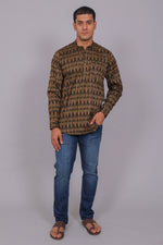 Bluebird Men's Olive Ikat Printed Short Kurta