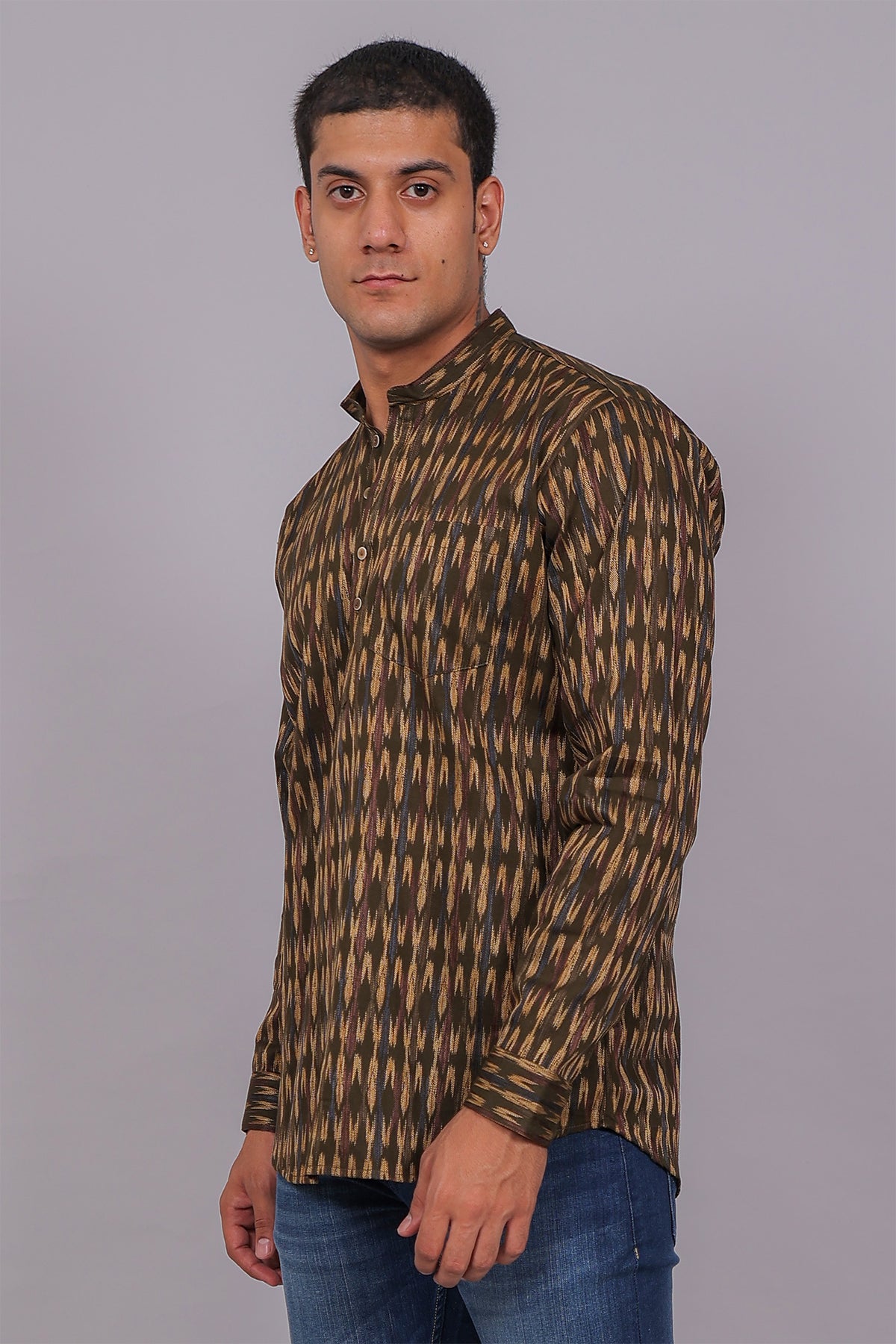 Bluebird Men's Olive Ikat Printed Short Kurta