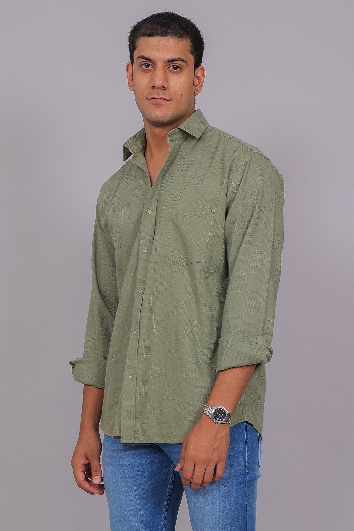 Bluebird Men’s Olive Green Herringbone Texture Shirt