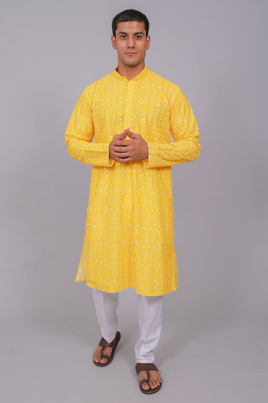 Bluesaanchi Men's Chikankari Threadwork & Sequin Kurta Set –Yellow