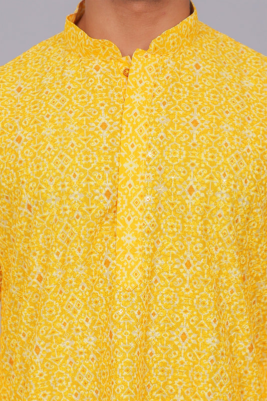 Bluesaanchi Men's Chikankari Threadwork & Sequin Kurta Set –Yellow