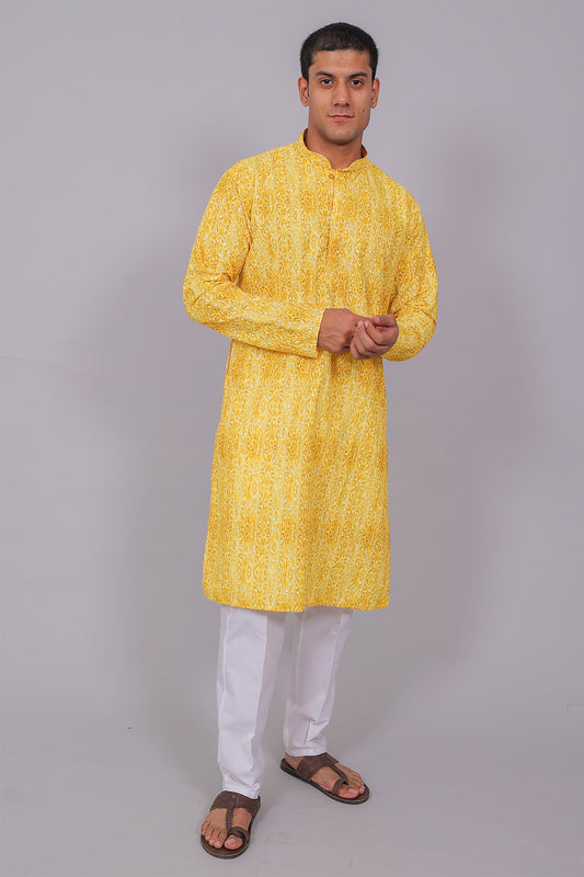 Bluesaanchi Men's Chikankari Threadwork & Sequin Kurta Set –Yellow Brown