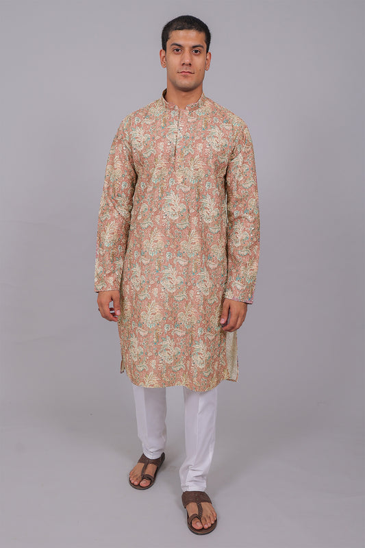 Bluesaanchi Men's Chikankari Threadwork & Sequin Kurta Set –Coral Pink