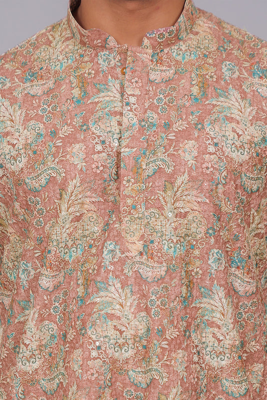 Bluesaanchi Men's Chikankari Threadwork & Sequin Kurta Set –Coral Pink
