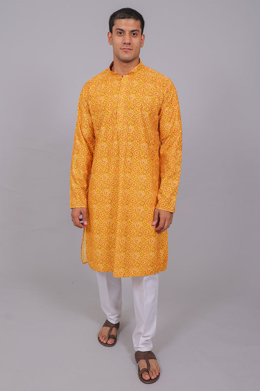 Bluesaanchi Men's Chikankari Threadwork & Sequin Kurta Set –Yellow Pink