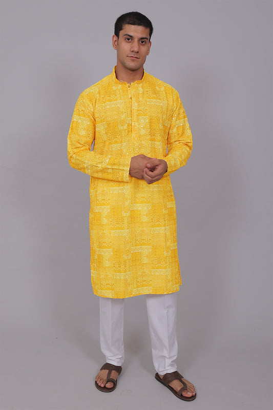 Bluesaanchi Men's Chikankari Threadwork & Sequin Kurta Set –Light Yellow