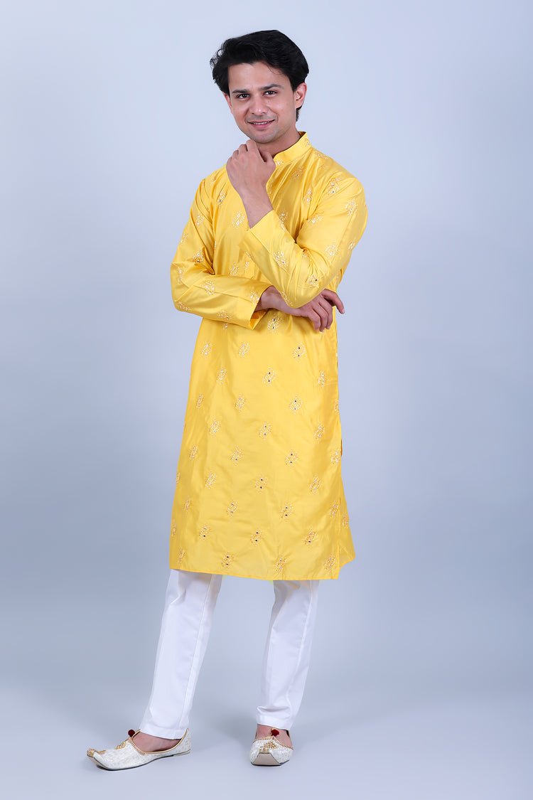 Yellow Embroidery Motifs with glass work kurta set for men's