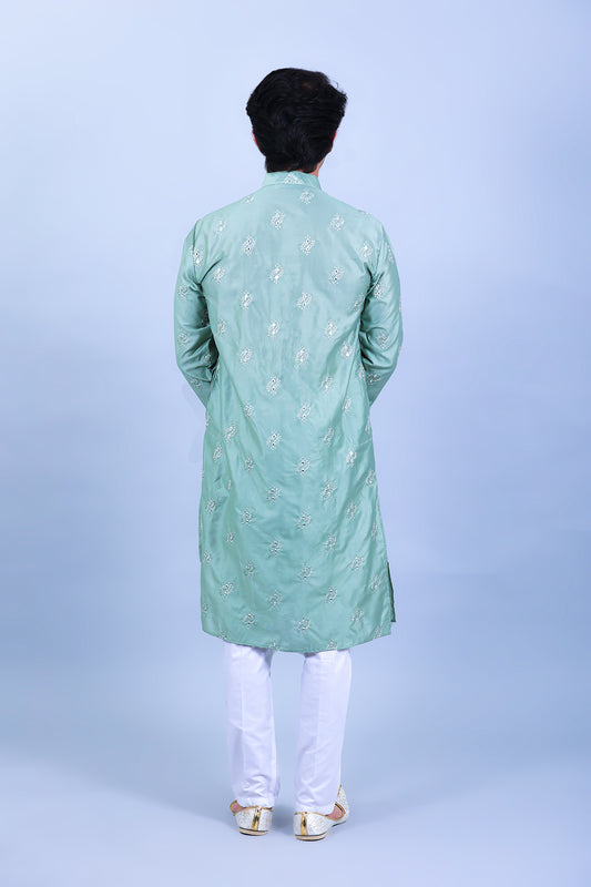 Green Embroidery Motifs With Glass Work Kurta Set for Men's
