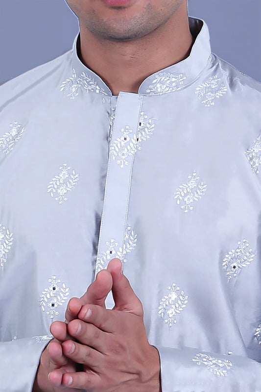 Grey Embroidery Motifs with glass work kurta set for men's