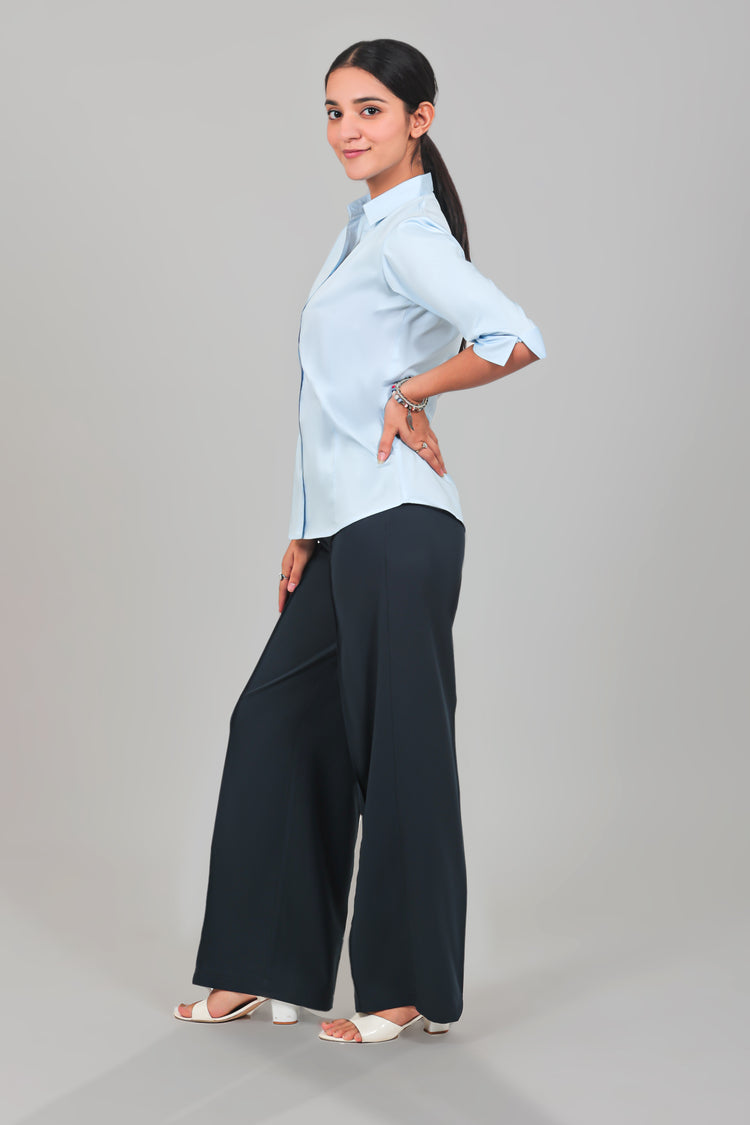 WOMEN NAVY BLUE SOLID CASUAL BELL BOTTOM  TROUSERS