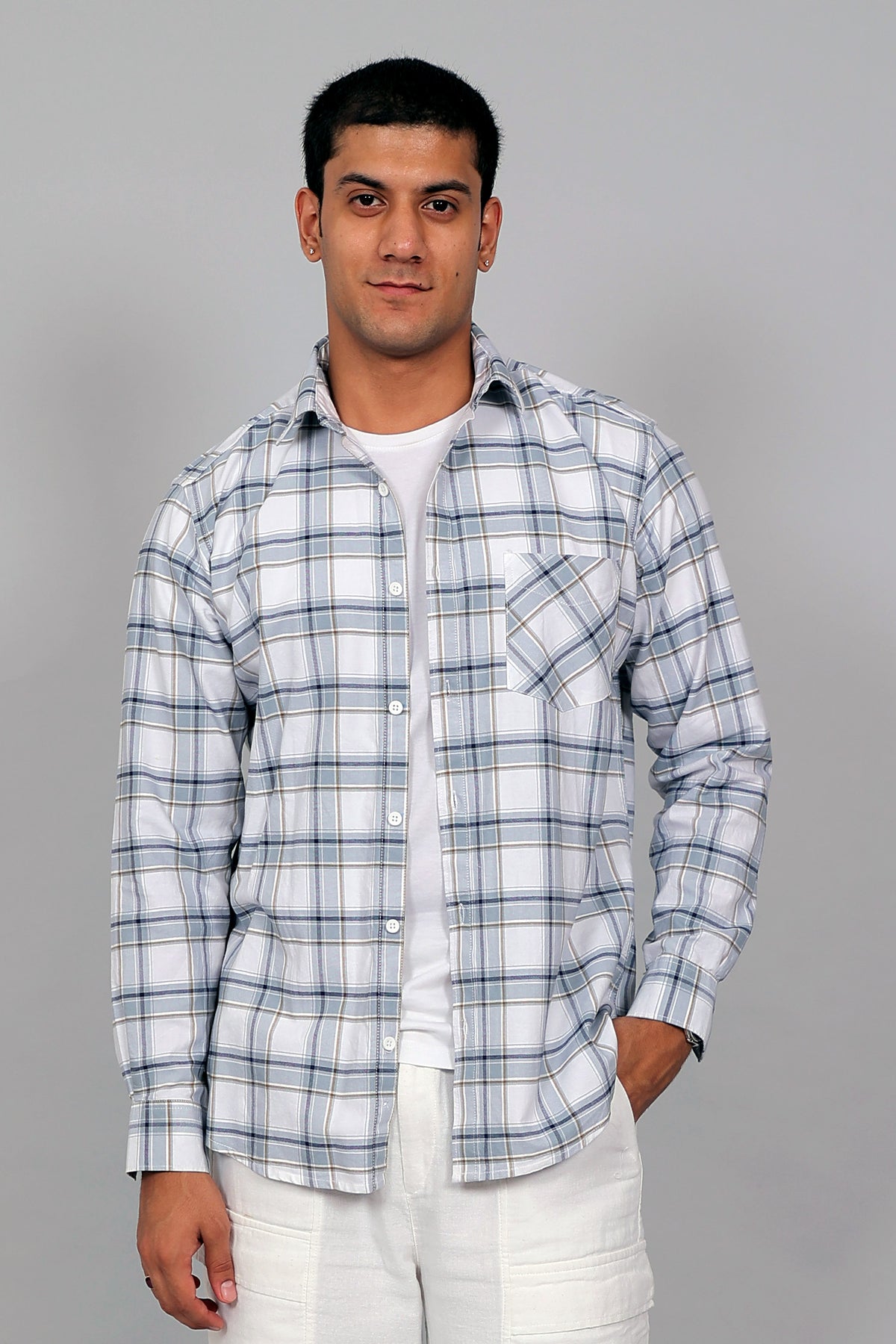 Bluebird Men’s White and Grey Checked Shirt
