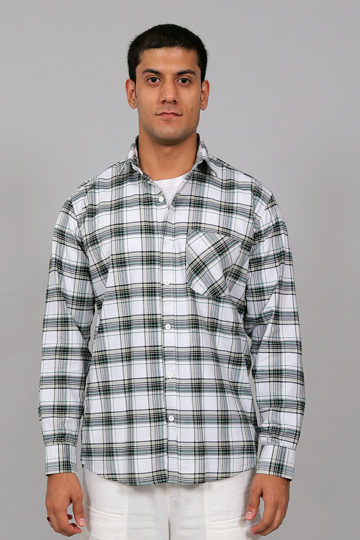 Bluebird Men’s White and Green Checked Shirt