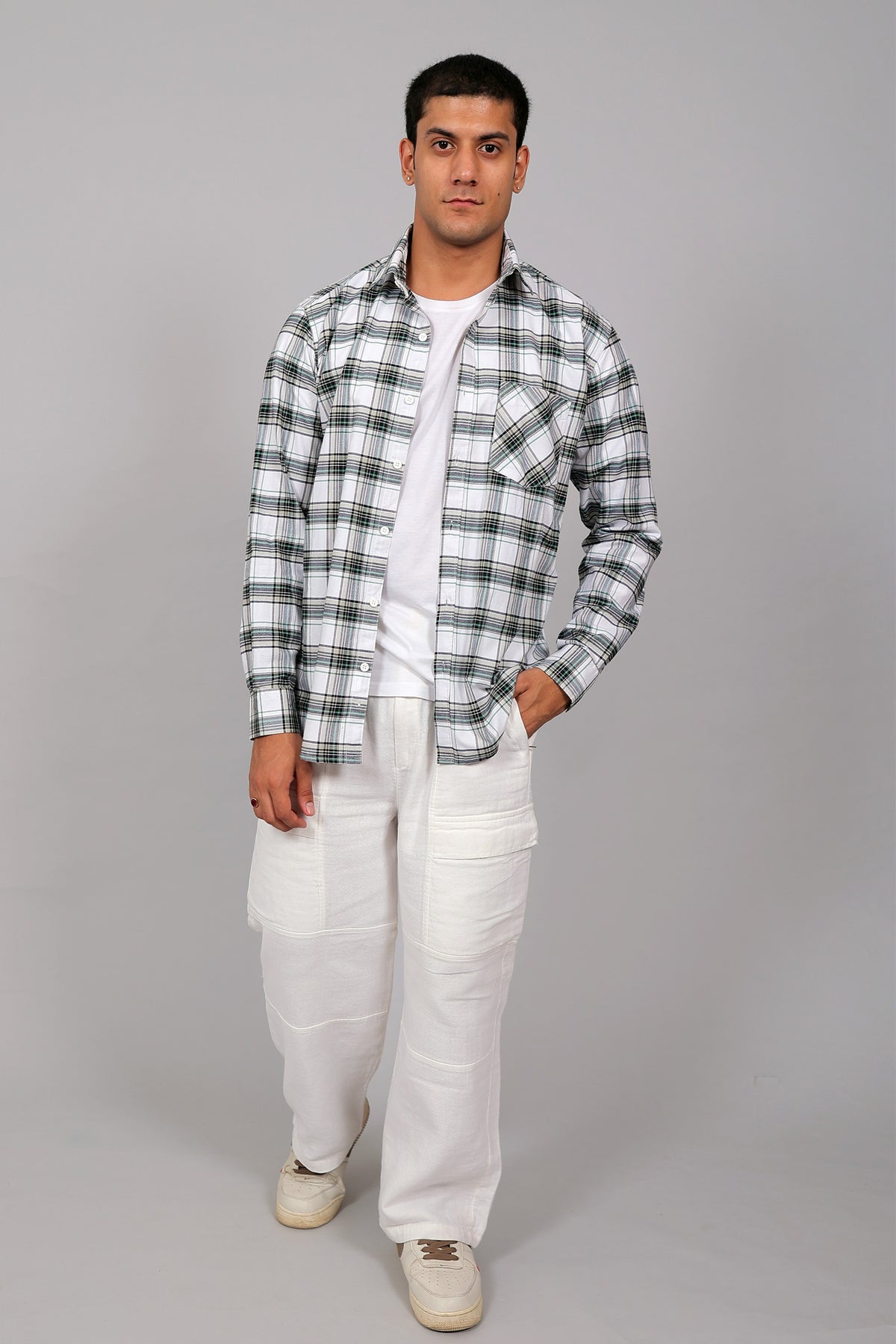 Bluebird Men’s White and Green Checked Shirt