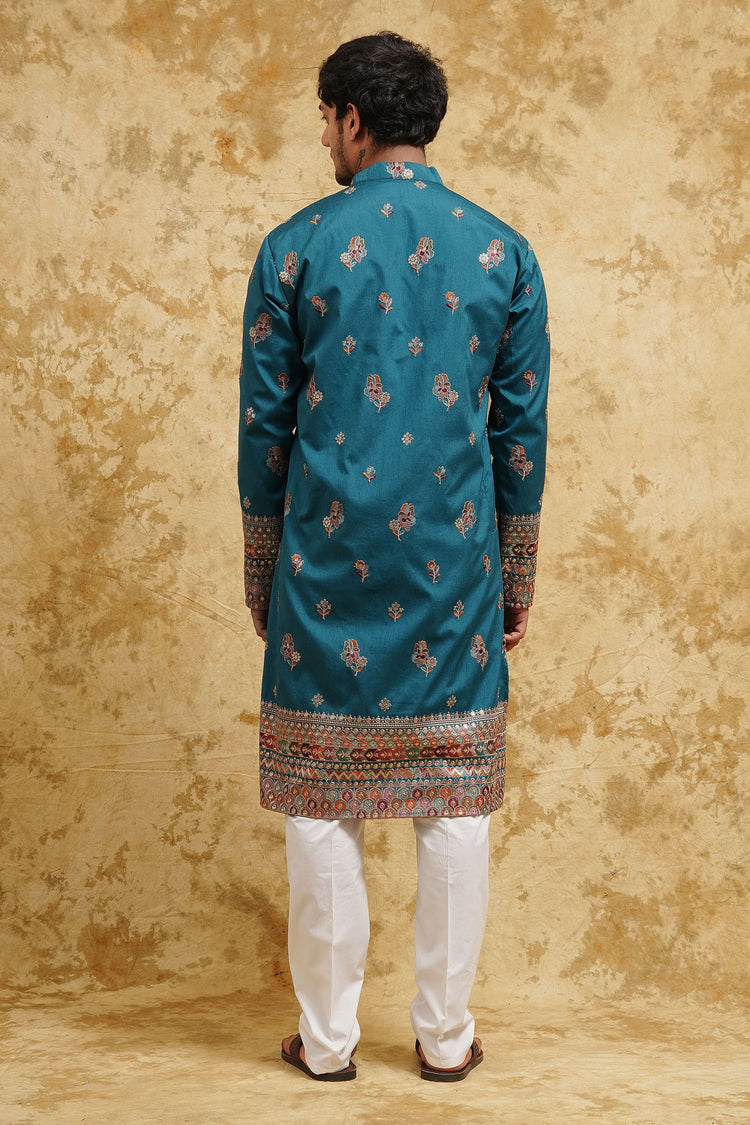 Teal Zari Butti Jaipuri Silk Blend Kurta Set – Wedding Edition