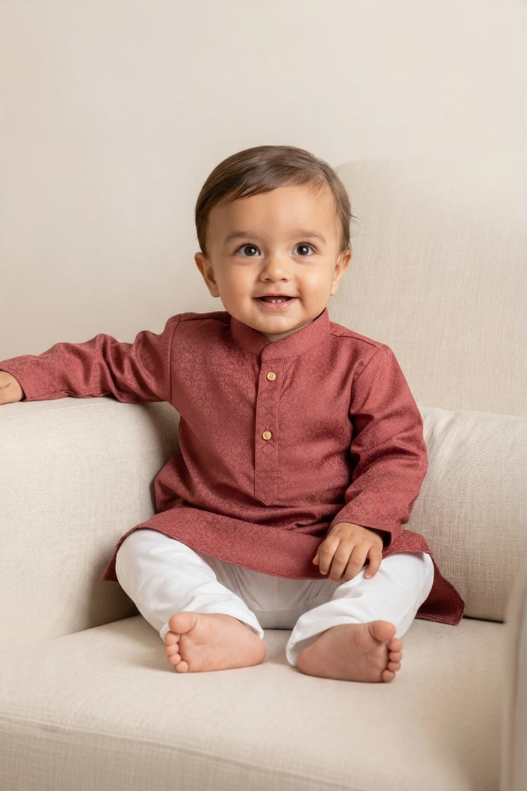 Kids' Maroon Jacquard Cotton Blend Kurta Pajama Set