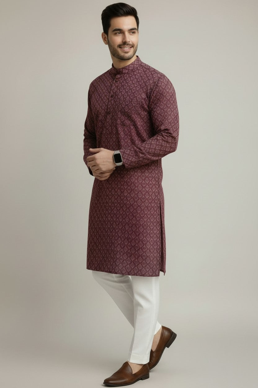 Mens's Maroon Printed Kurta Pajama Set