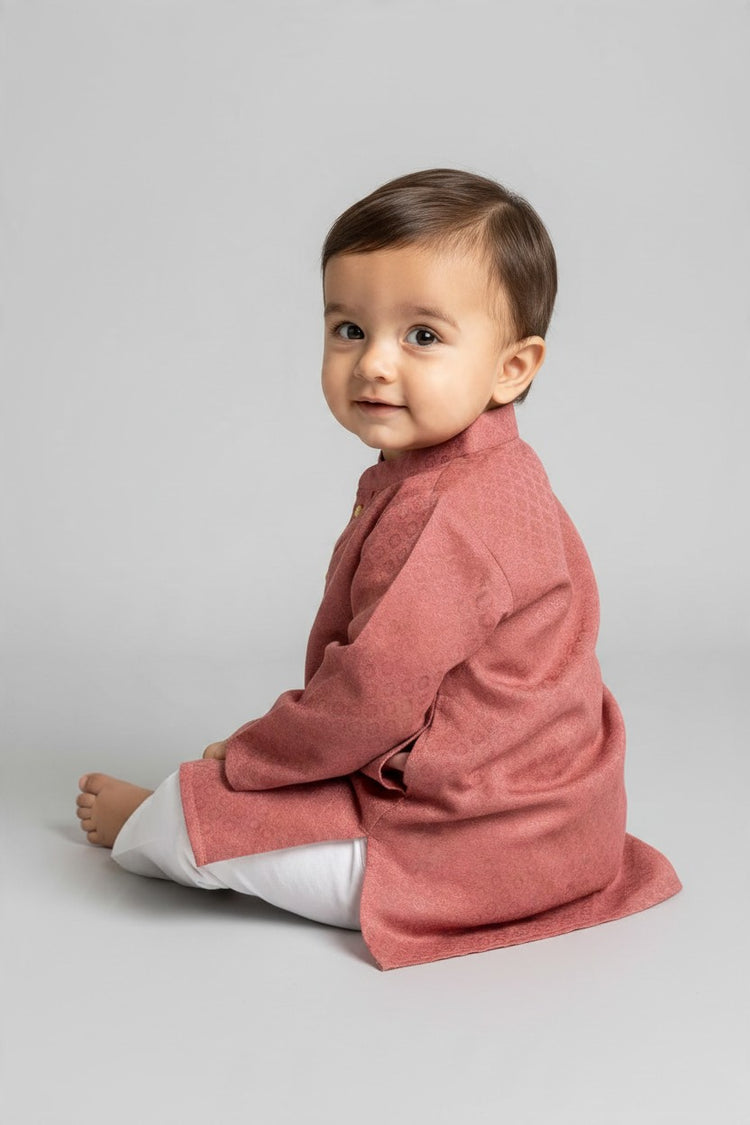 Kids' Maroon Jacquard Cotton Blend Kurta Pajama Set