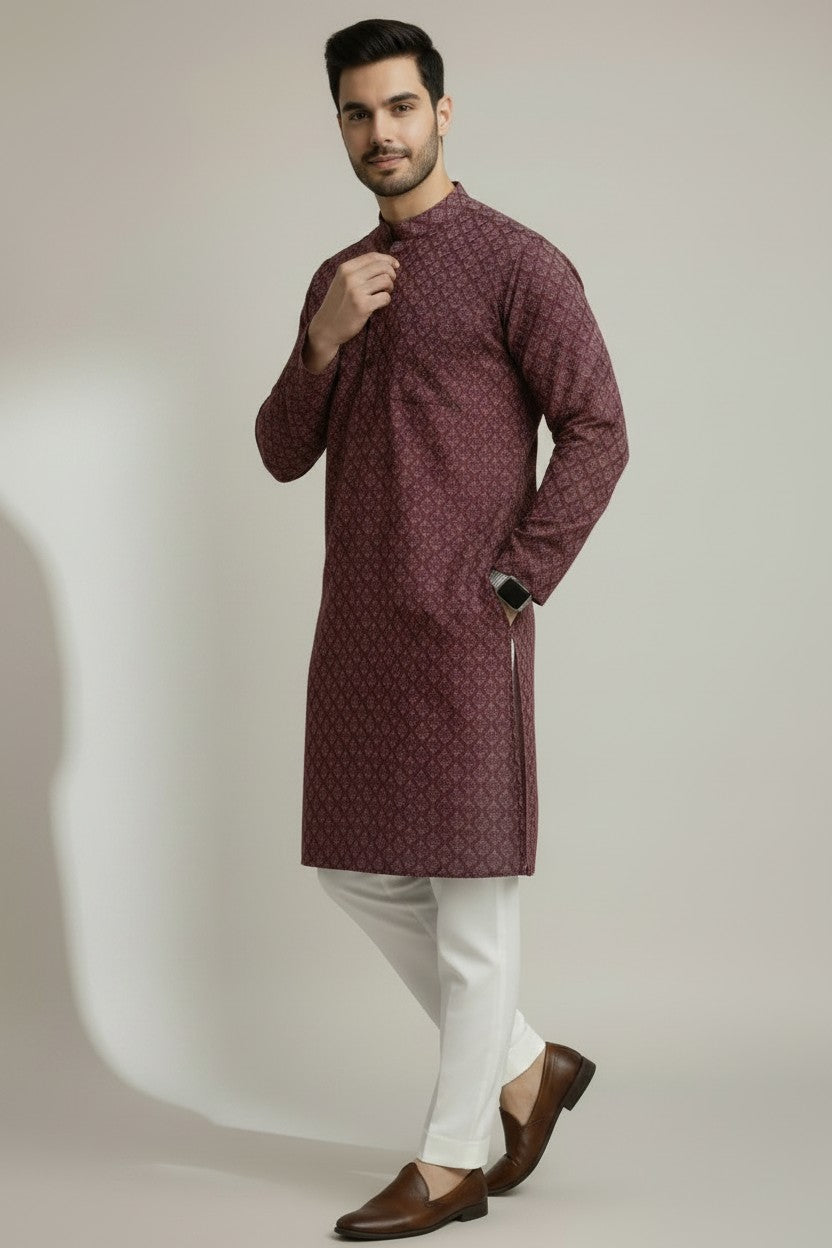 Mens's Maroon Printed Kurta Pajama Set