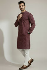 Mens's Maroon Printed Kurta Pajama Set