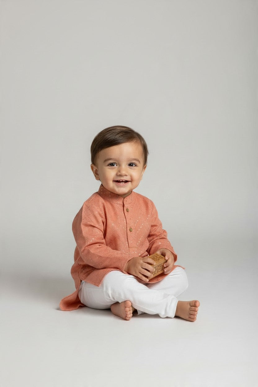 Kids' Peach Chevron Sequin Kurta Pajama Set