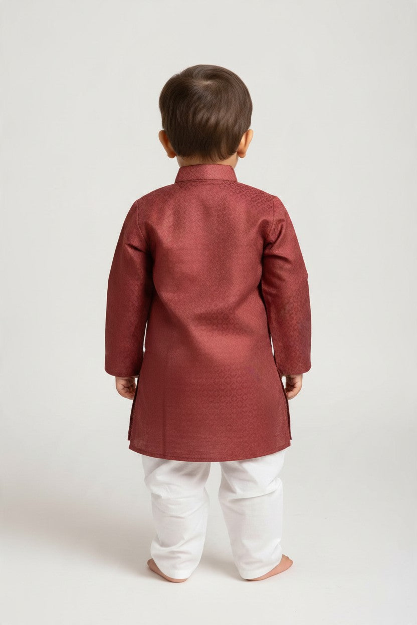 Kids' Maroon Jacquard Cotton Blend Kurta Pajama Set