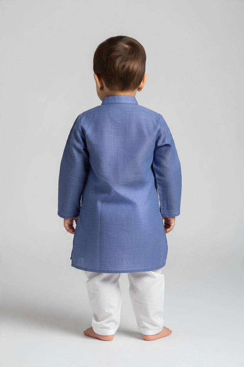 Kids' Blue Cotton Blend Kurta Pajama Set