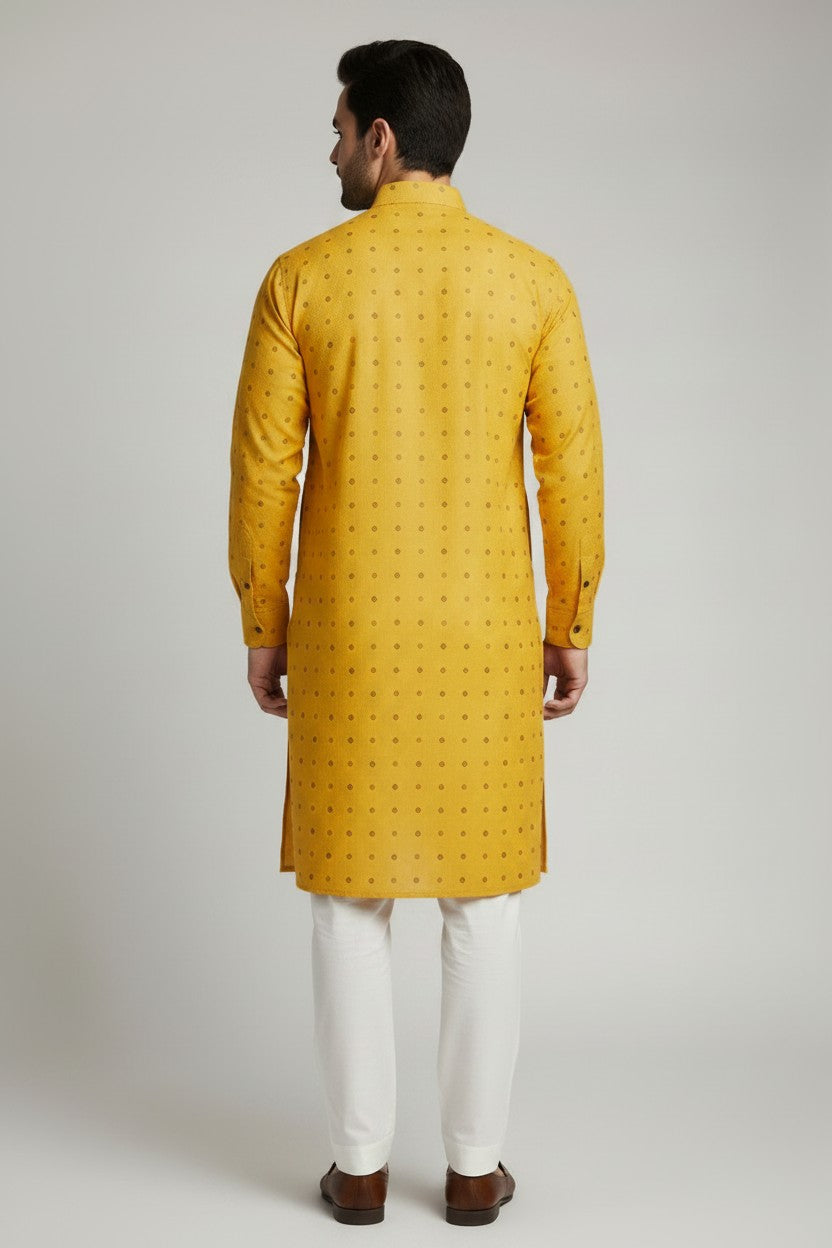 Mens's Yellow Printed Kurta Pajama Set