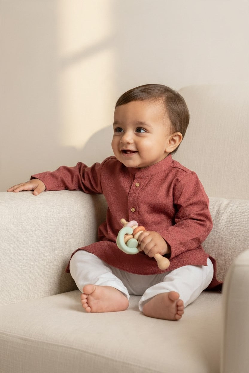 Kids' Maroon Jacquard Cotton Blend Kurta Pajama Set