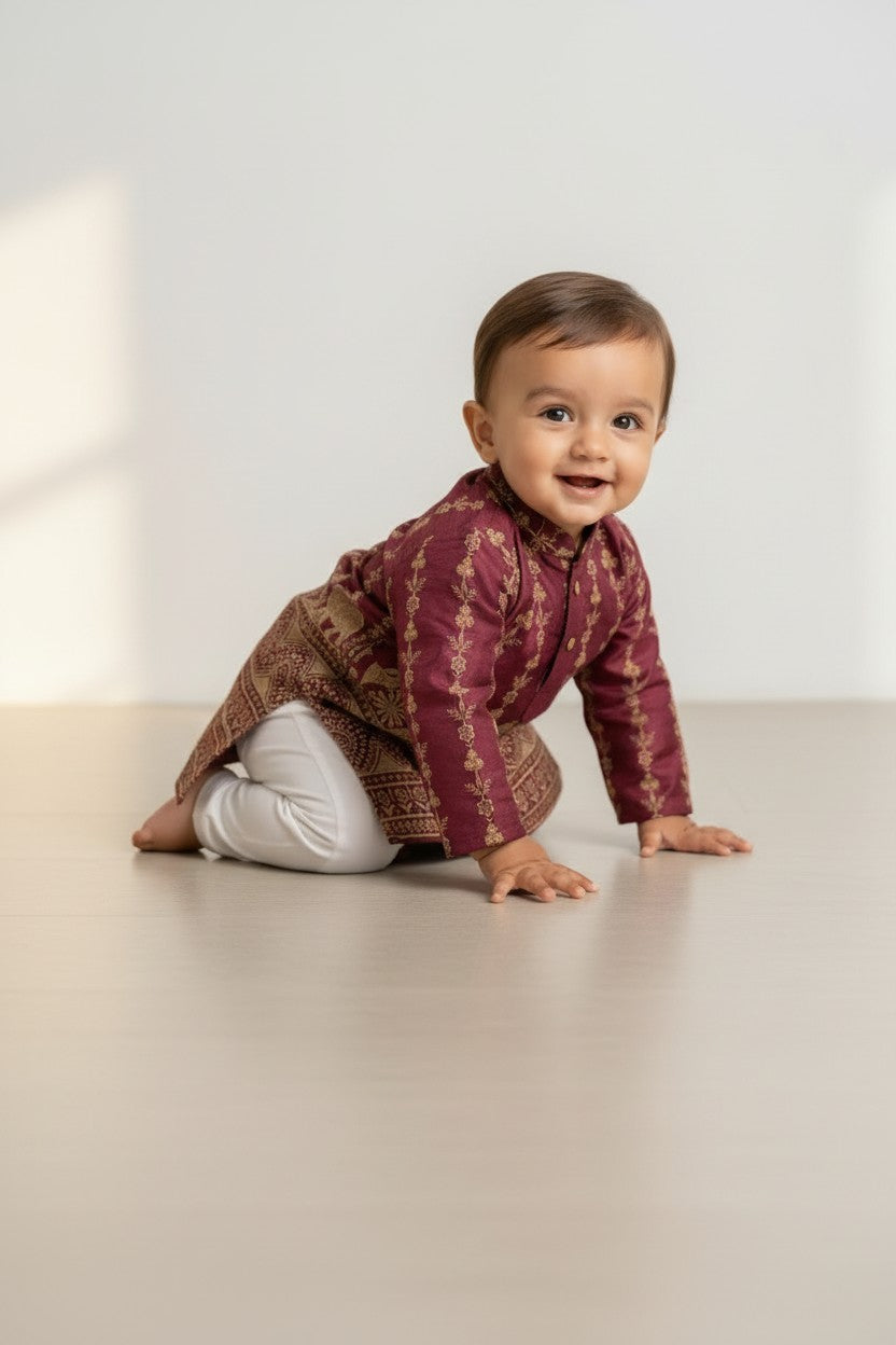 Kids' Maroon Zari Thread work Buta Cotton Blend Kurta Pajama Set