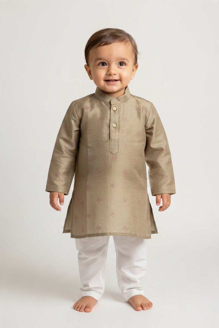 Kids' Olive Green Sequin & Zari Buta Cotton Blend Kurta Pajama Set