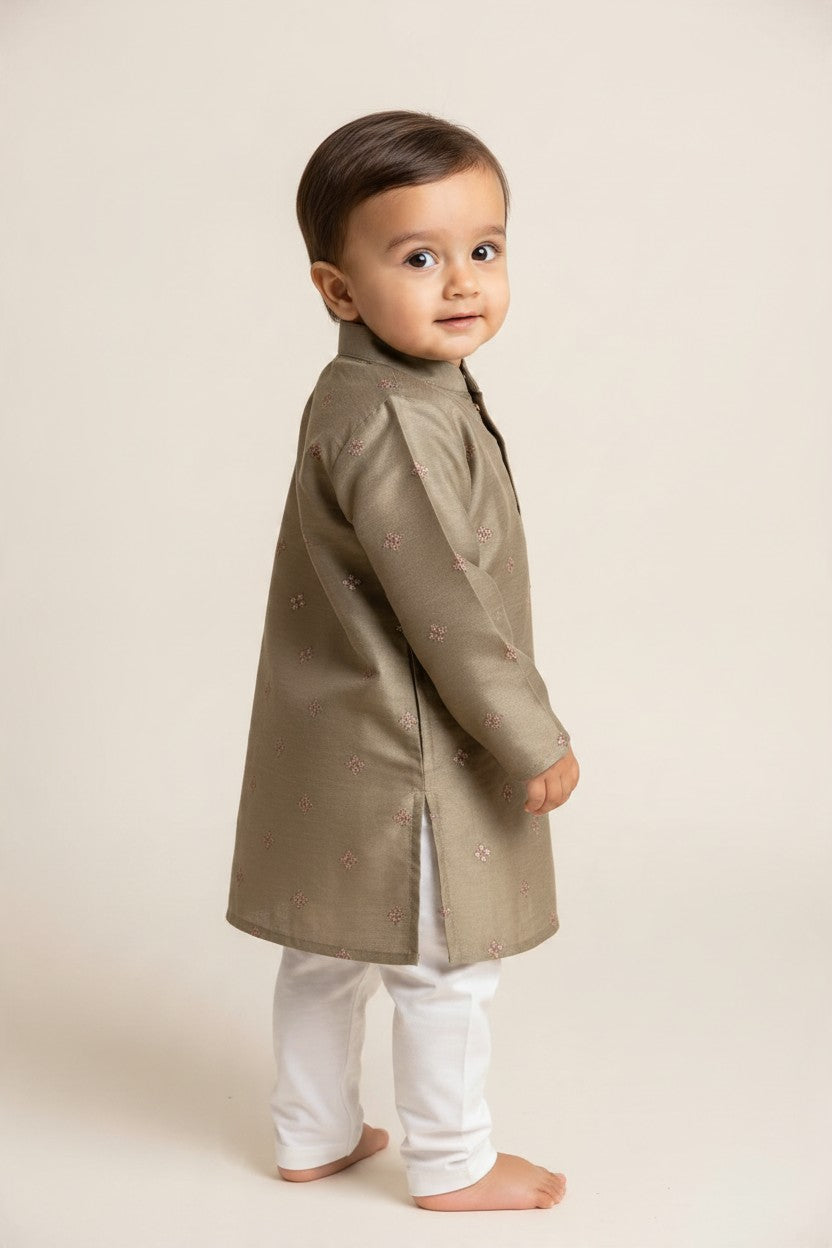 Kids' Olive Green Sequin & Zari Buta Cotton Blend Kurta Pajama Set