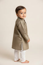 Kids' Olive Green Sequin & Zari Buta Cotton Blend Kurta Pajama Set