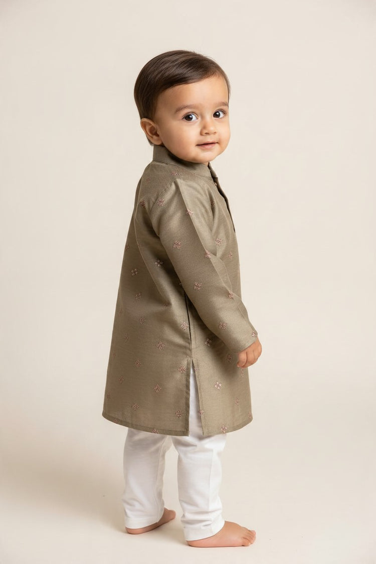 Kids' Olive Green Sequin & Zari Buta Cotton Blend Kurta Pajama Set