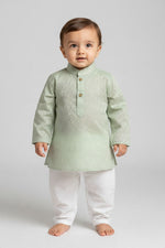 Kids' Mint Green Jacquard Cotton Blend Kurta Pajama Set