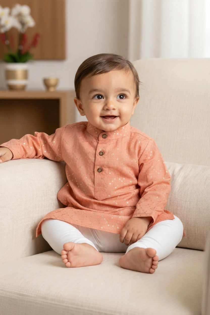 Kids' Peach Chevron Sequin Kurta Pajama Set