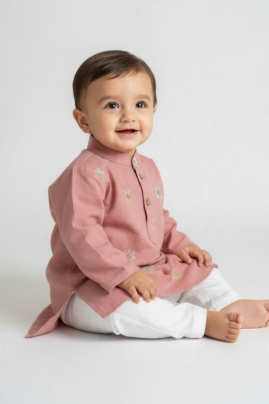 Kids' Dusty Pink Zari Thread work Buta Cotton Blend Kurta Pajama Set