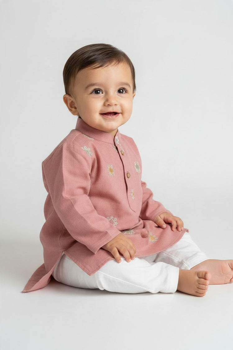 Kids' Dusty Pink Zari Thread work Buta Cotton Blend Kurta Pajama Set
