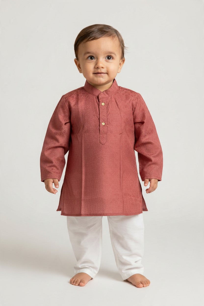 Kids' Maroon Jacquard Cotton Blend Kurta Pajama Set