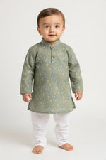 Kids' Sage Green Printed Cotton Blend Kurta Pajama Set