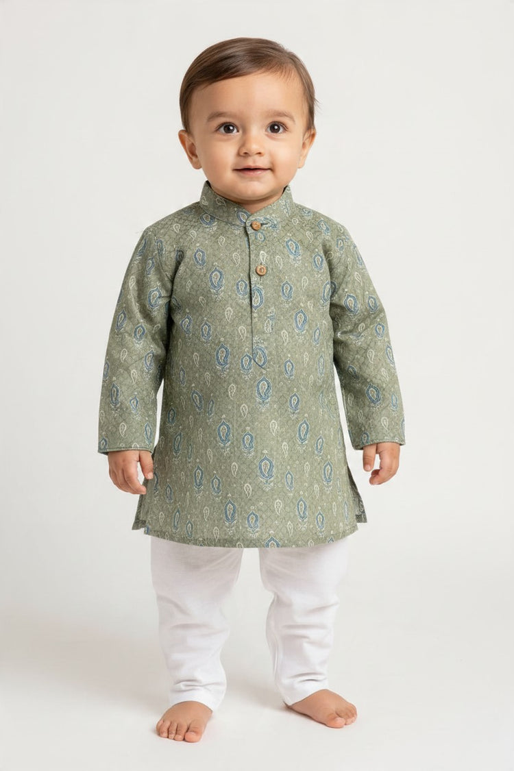 Kids' Sage Green Printed Cotton Blend Kurta Pajama Set