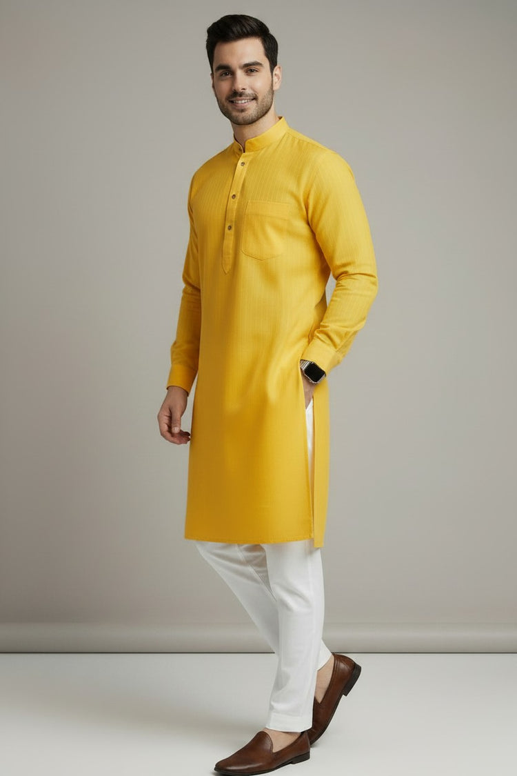 Veshbhoshaa Men's Yellow Design Kurta Pajama Set