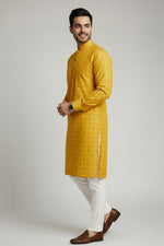 Mens's Yellow Printed Kurta Pajama Set