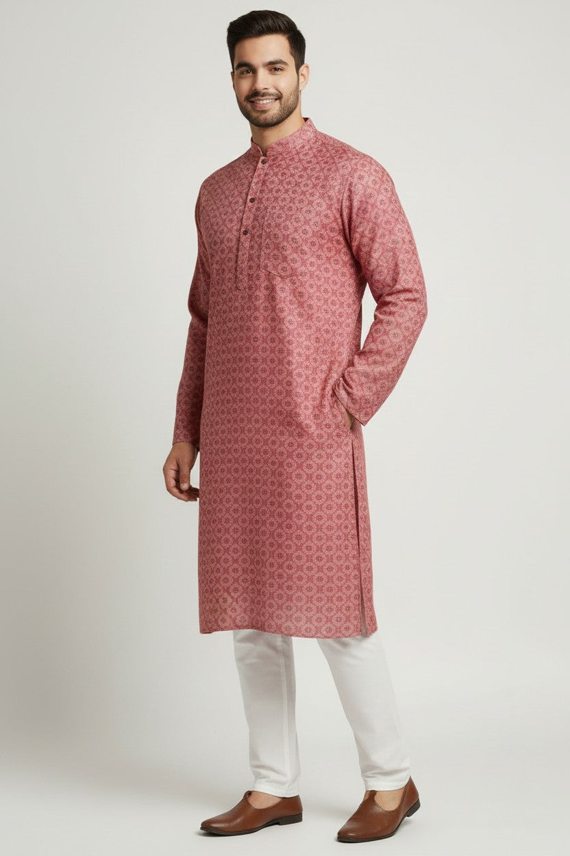 Men's Red Printed Kurta Pajama Set