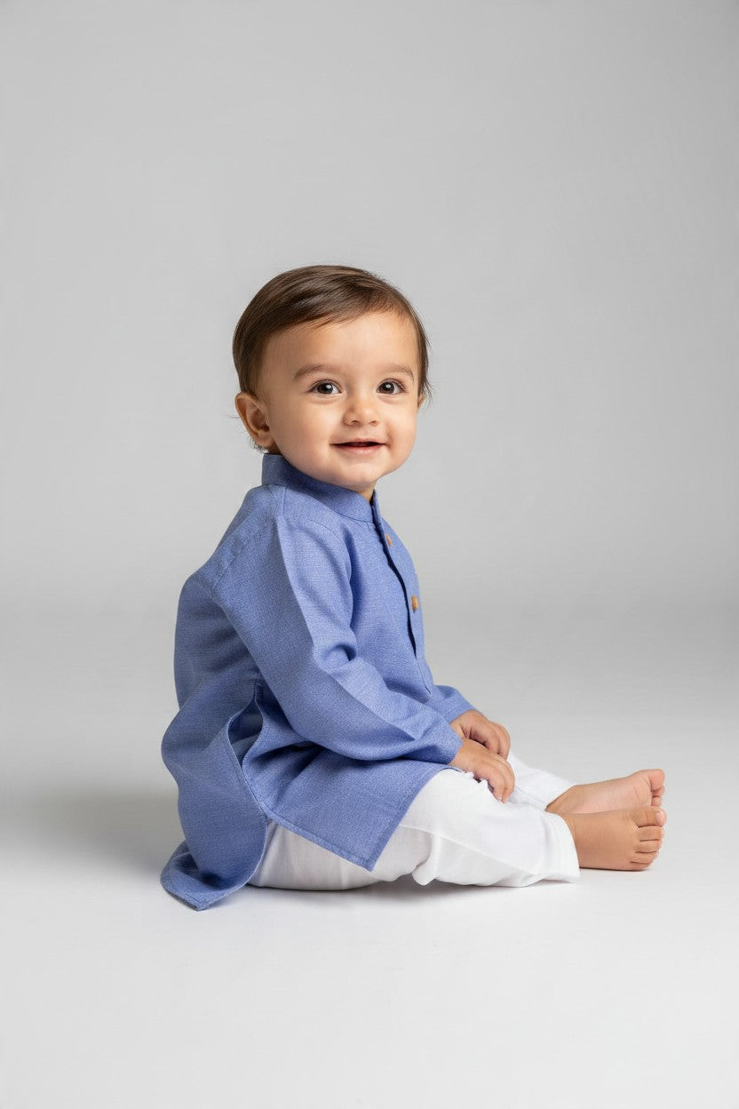 Kids' Blue Cotton Blend Kurta Pajama Set
