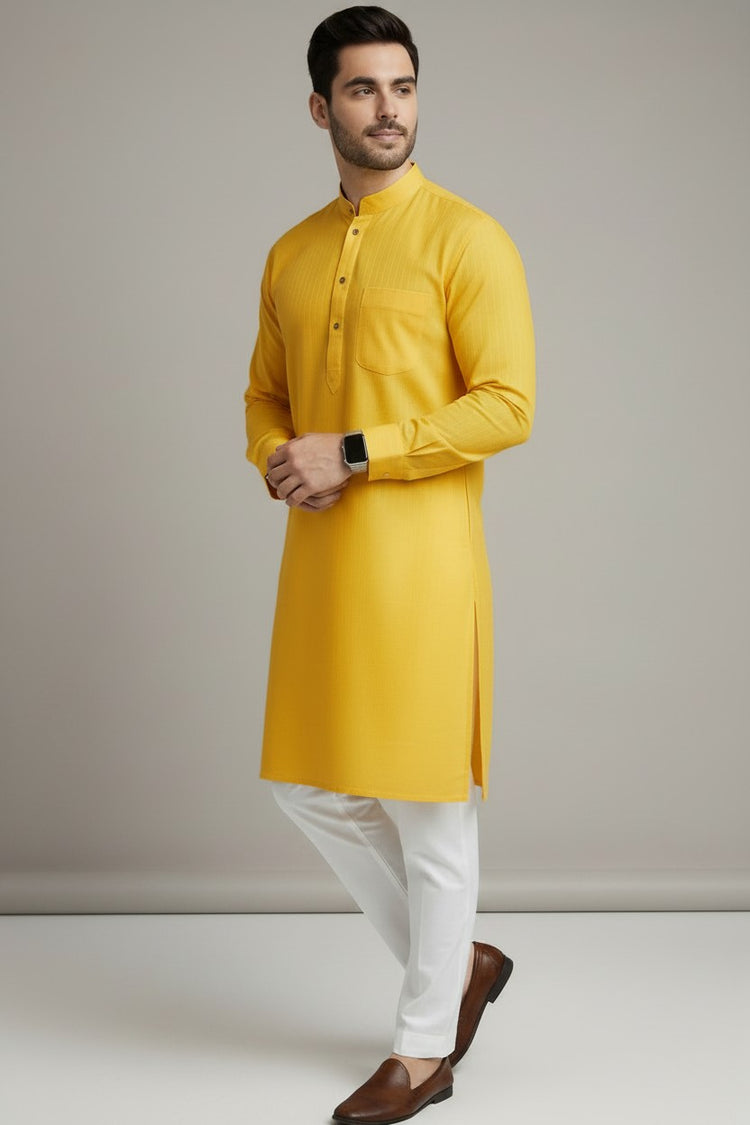 Veshbhoshaa Men's Yellow Design Kurta Pajama Set