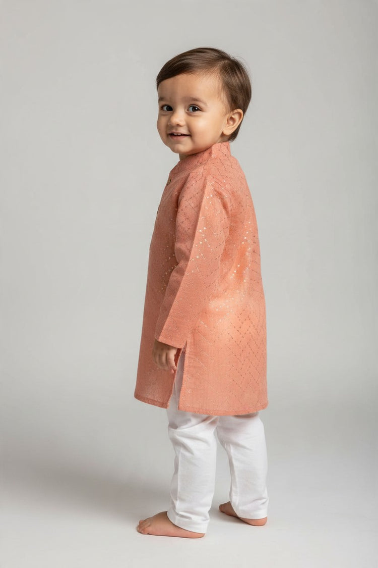 Kids' Peach Chevron Sequin Kurta Pajama Set